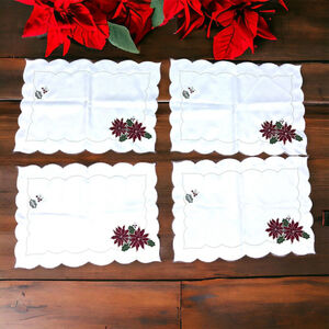 4 Christmas Fabric Placemats White Poinsettia Red Gold Trim Scalloped JCP Satin